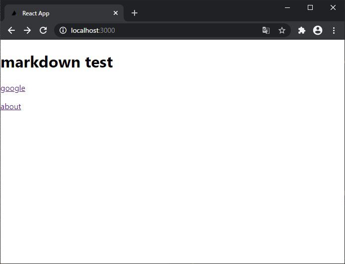 ブラウザに markdown test という文字と、google と about というリンクが表示されている。